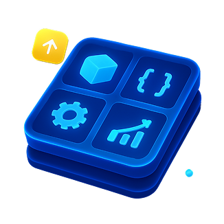 Illustration of a modular ML ecosystem with icons for settings, code, and analytics